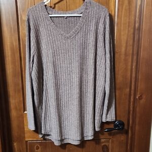 Women's Ribbed V-Neck Sweater Tunic - Taupe Brown